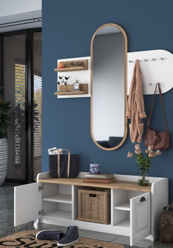 FUNZI LIVING EE101 entrést, m. knagerkke, spejl og skab - hvid og valndfarvet melamin