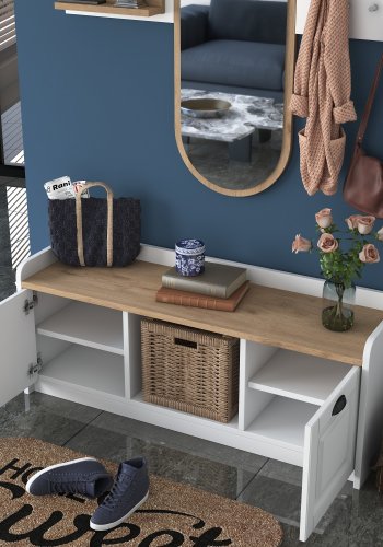 FUNZI LIVING EE101 entrést, m. knagerkke, spejl og skab - hvid og valndfarvet melamin