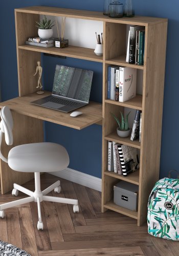 NORDVÄRK HA104 skrivebord, m. 5 hylder, rektangulr - natur melamin (113,2x40)