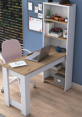 NORDVÄRK HA106 skrivebord, m. 4 hylder, rektangulr - hvid og brun melamin (120x53,8)