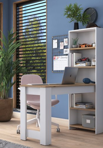 NORDVÄRK HA106 skrivebord, m. 4 hylder, rektangulr - hvid og brun melamin (120x53,8)