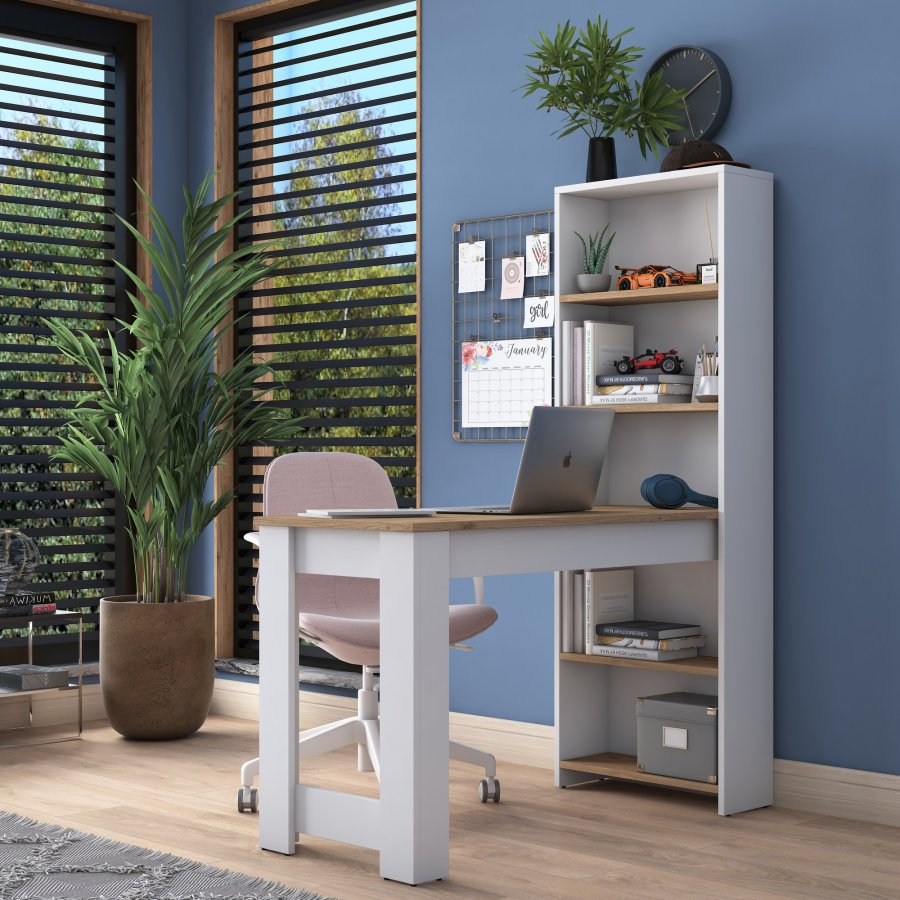 NORDVÄRK HA106 skrivebord, m. 4 hylder, rektangulr - hvid og brun melamin (120x53,8)
