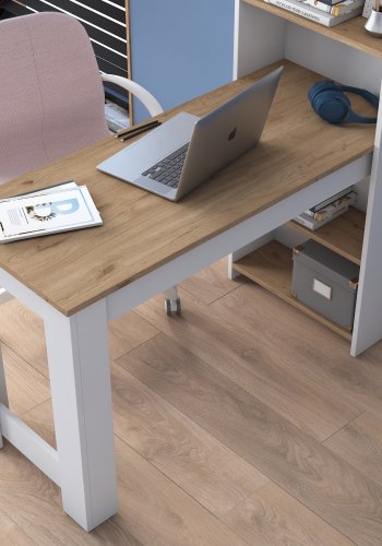 NORDVÄRK HA106 skrivebord, m. 4 hylder, rektangulr - hvid og brun melamin (120x53,8)