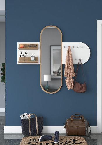 FUNZI LIVING P3 entrést, m. spejl, 9 knager og 2 hylder - hvid og brun melamin