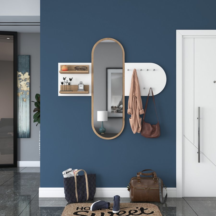 FUNZI LIVING P3 entrést, m. spejl, 9 knager og 2 hylder - hvid og brun melamin