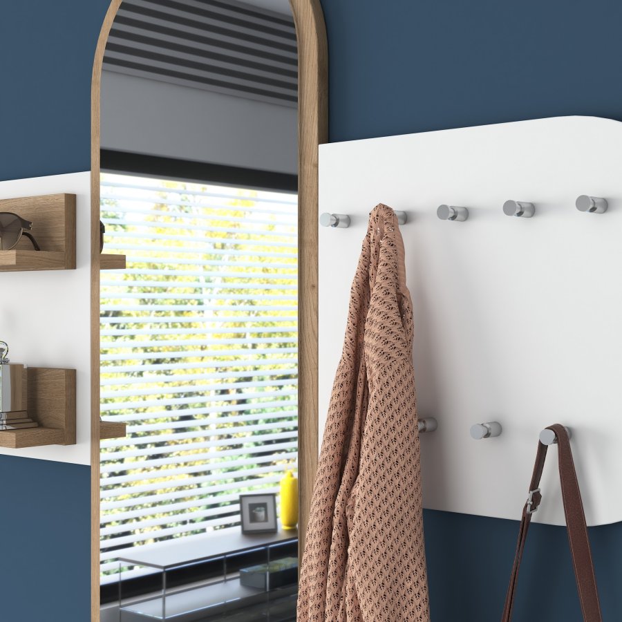 FUNZI LIVING P3 entrést, m. spejl, 9 knager og 2 hylder - hvid og brun melamin