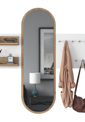 FUNZI LIVING P3 entrést, m. spejl, 9 knager og 2 hylder - hvid og brun melamin