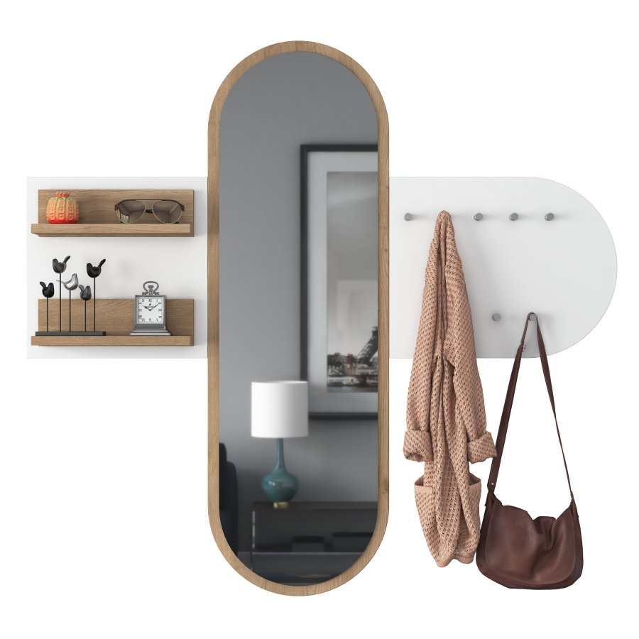 FUNZI LIVING P3 entrést, m. spejl, 9 knager og 2 hylder - hvid og brun melamin
