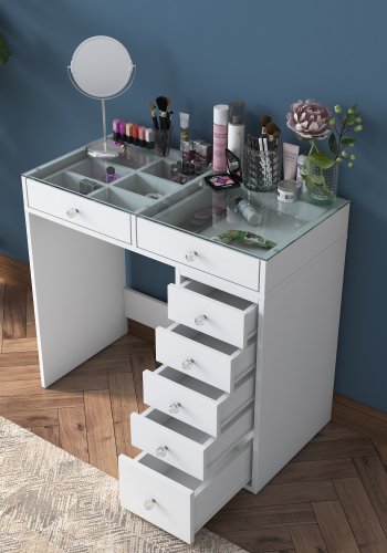 NORDVÄRK BJ107 makeup bord, m. 7 skuffer - hvid melamin (90x44,5)