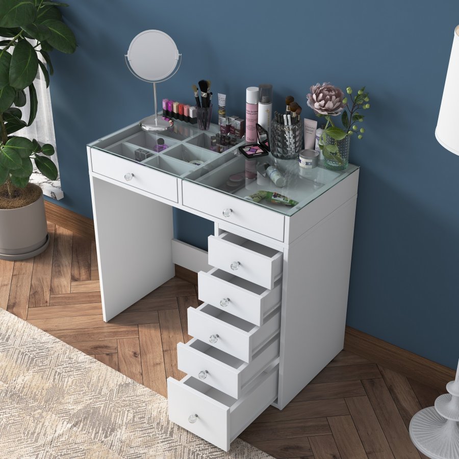 NORDVÄRK BJ107 makeup bord, m. 7 skuffer - hvid melamin (90x44,5)