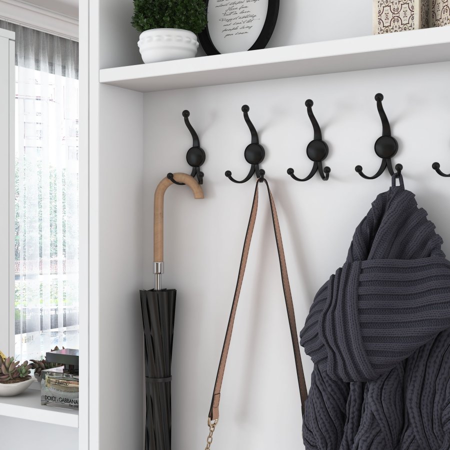 FUNZI LIVING M2 entrést, m. knager, spejl, 6 lger, 1 skuffe, 9 hylder - hvid melamin