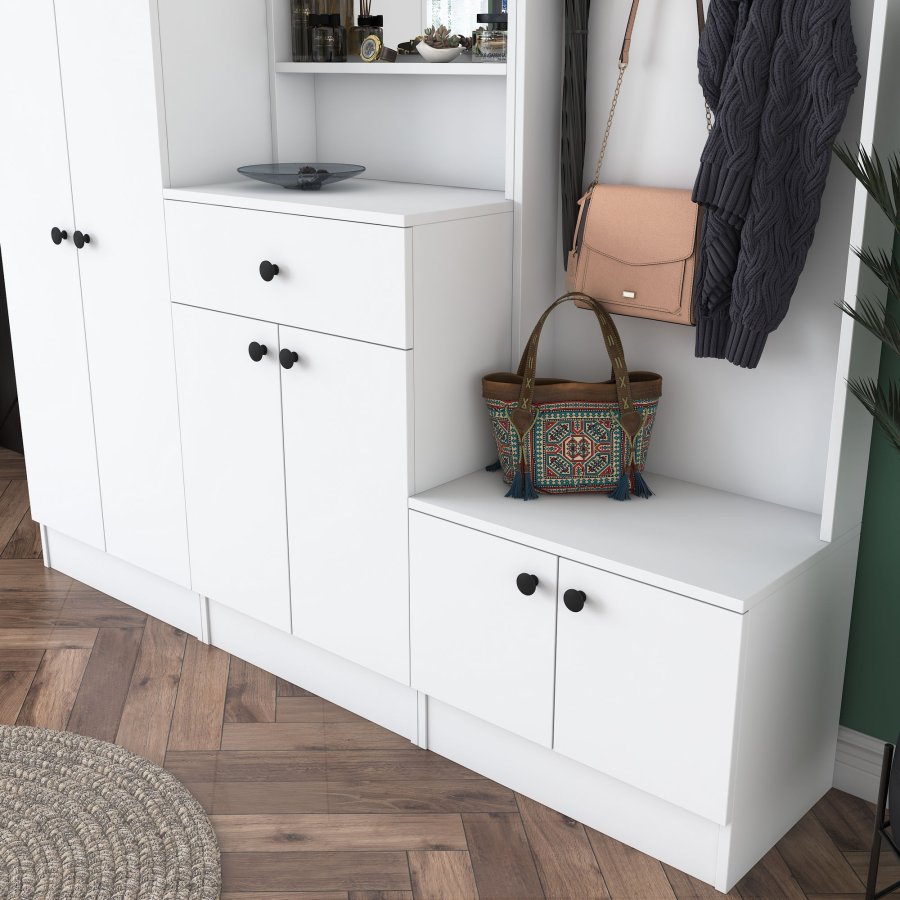 FUNZI LIVING M2 entrést, m. knager, spejl, 6 lger, 1 skuffe, 9 hylder - hvid melamin