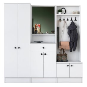 FUNZI LIVING M2 entrést, m. knager, spejl, 6 lger, 1 skuffe, 9 hylder - hvid melamin