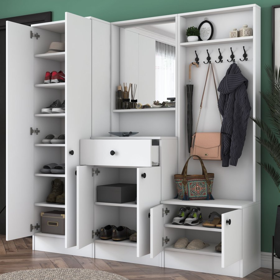 FUNZI LIVING M2 entrést, m. knager, spejl, 6 lger, 1 skuffe, 9 hylder - hvid melamin