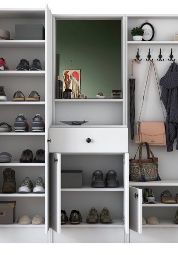 FUNZI LIVING M2 entrést, m. knager, spejl, 6 lger, 1 skuffe, 9 hylder - hvid melamin