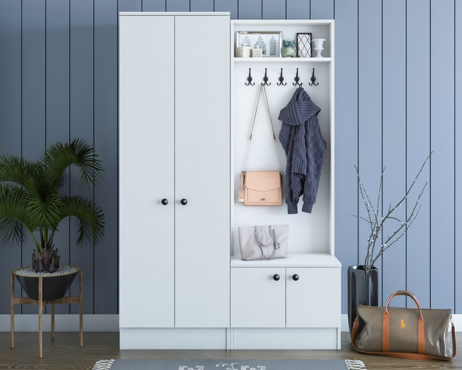 NORDVÄRK M11 entrést, m. 5 knager, 4 lger, 8 hylder - hvid melamin