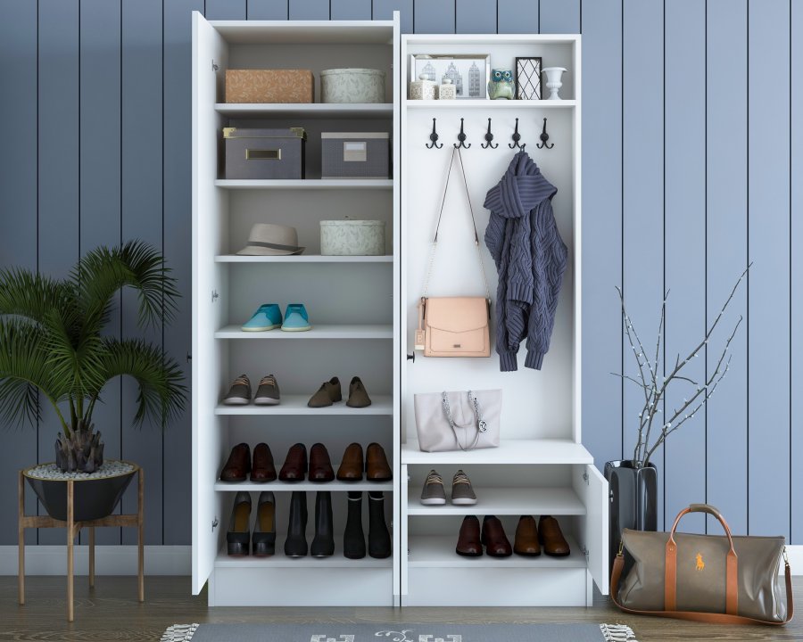 NORDVÄRK M11 entrést, m. 5 knager, 4 lger, 8 hylder - hvid melamin