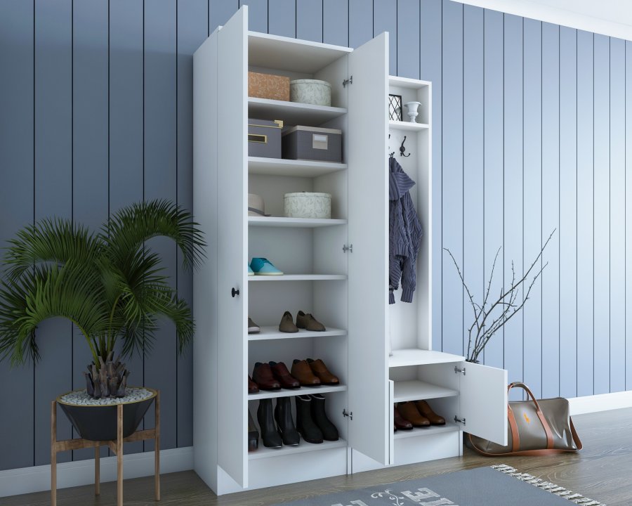 NORDVÄRK M11 entrést, m. 5 knager, 4 lger, 8 hylder - hvid melamin