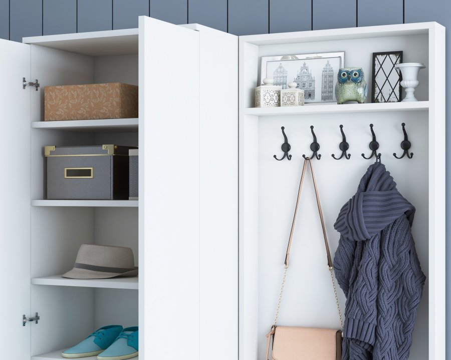 NORDVÄRK M11 entrést, m. 5 knager, 4 lger, 8 hylder - hvid melamin