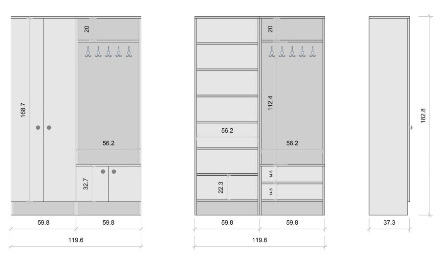 NORDVÄRK M11 entrést, m. 5 knager, 4 lger, 8 hylder - hvid melamin