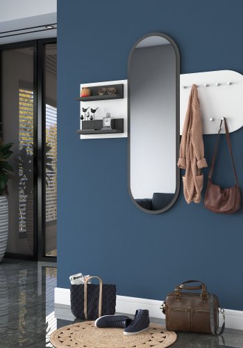 FUNZI LIVING P3 entrést, m. spejl, 9 knager og 2 hylder - hvid melamin