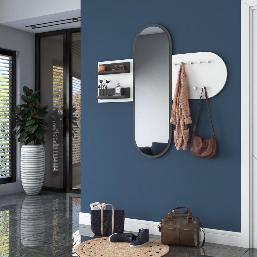 FUNZI LIVING P3 entrést, m. spejl, 9 knager og 2 hylder - hvid melamin