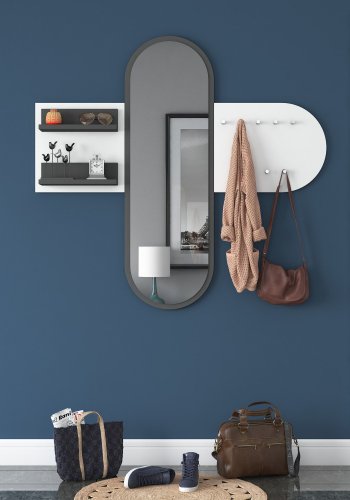 FUNZI LIVING P3 entrést, m. spejl, 9 knager og 2 hylder - hvid melamin