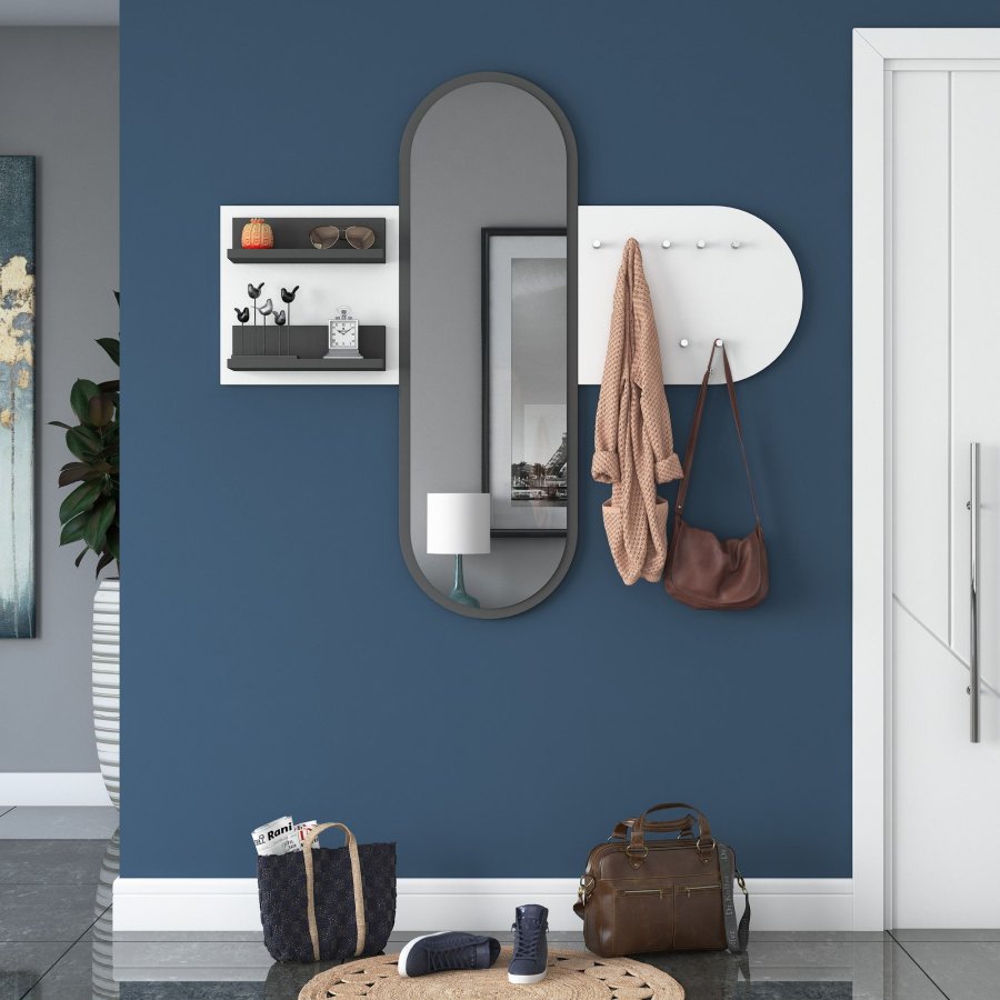 FUNZI LIVING P3 entrést, m. spejl, 9 knager og 2 hylder - hvid melamin