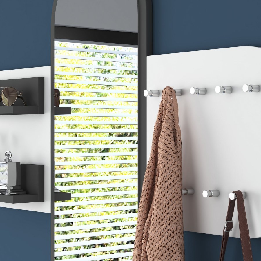 FUNZI LIVING P3 entrést, m. spejl, 9 knager og 2 hylder - hvid melamin