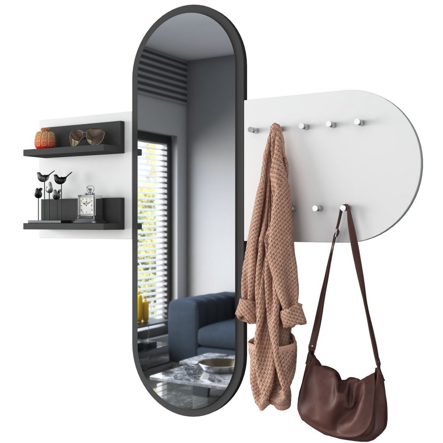 FUNZI LIVING P3 entrést, m. spejl, 9 knager og 2 hylder - hvid melamin