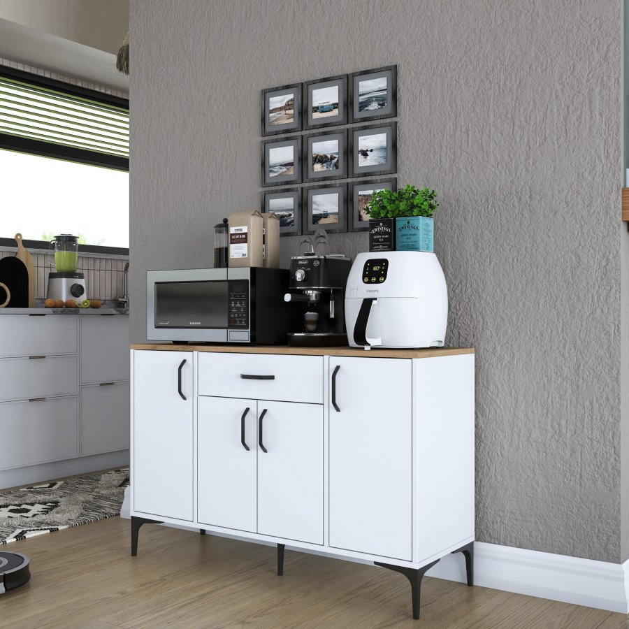 FUNZI LIVING JE136 kkkenskab, m. 4 lger, 2 hylder, 1 skuffe, rektangulr - natur og hvid melamin