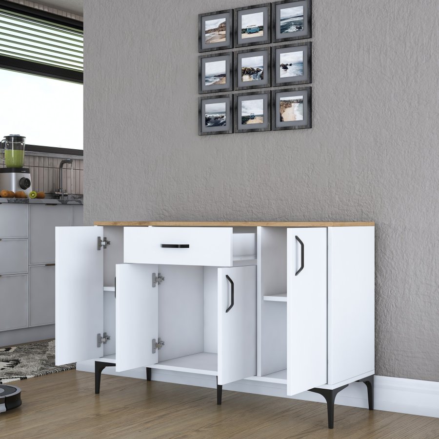 FUNZI LIVING JE136 kkkenskab, m. 4 lger, 2 hylder, 1 skuffe, rektangulr - natur og hvid melamin