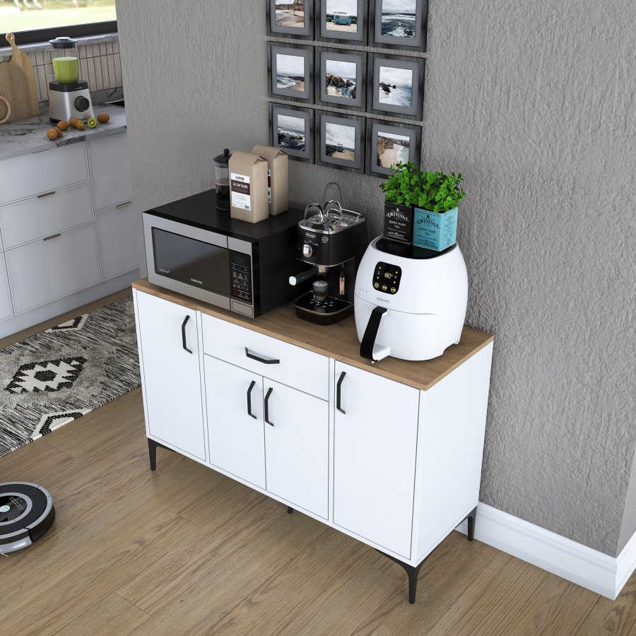 FUNZI LIVING JE136 kkkenskab, m. 4 lger, 2 hylder, 1 skuffe, rektangulr - natur og hvid melamin