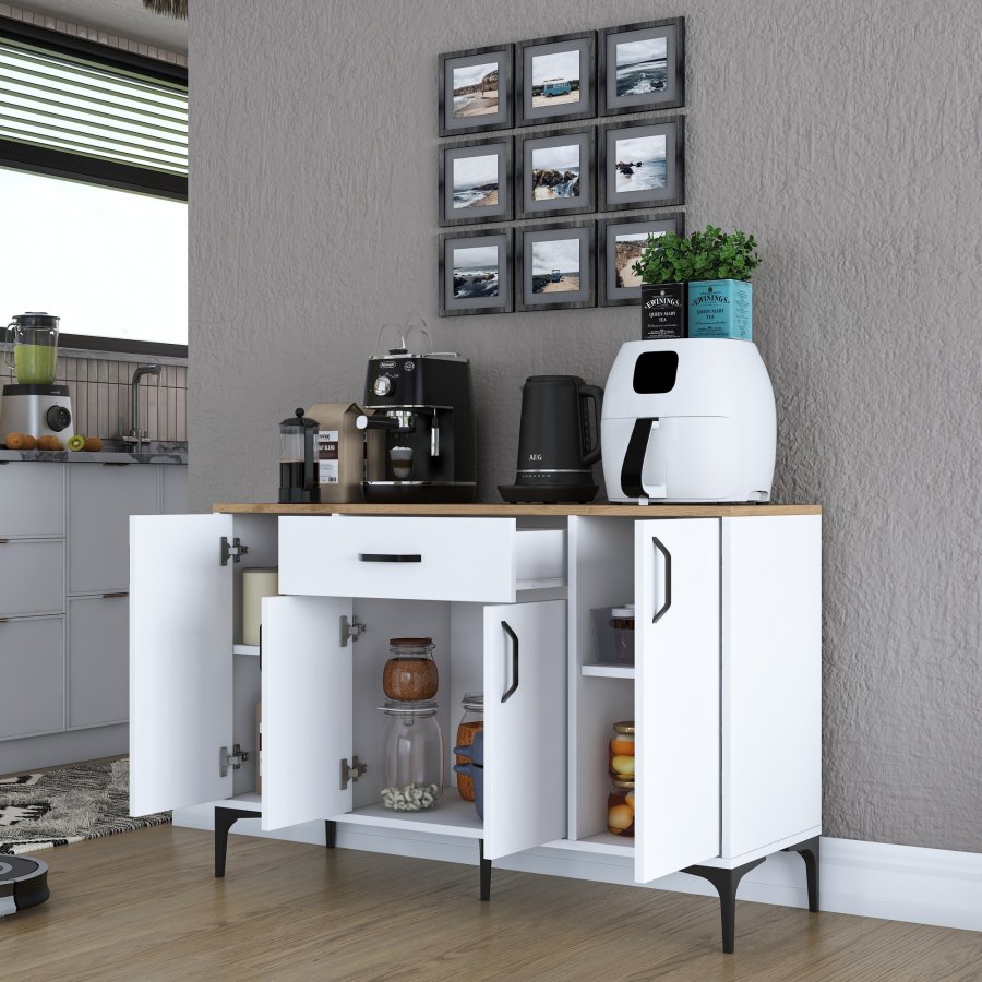 FUNZI LIVING JE136 kkkenskab, m. 4 lger, 2 hylder, 1 skuffe, rektangulr - natur og hvid melamin