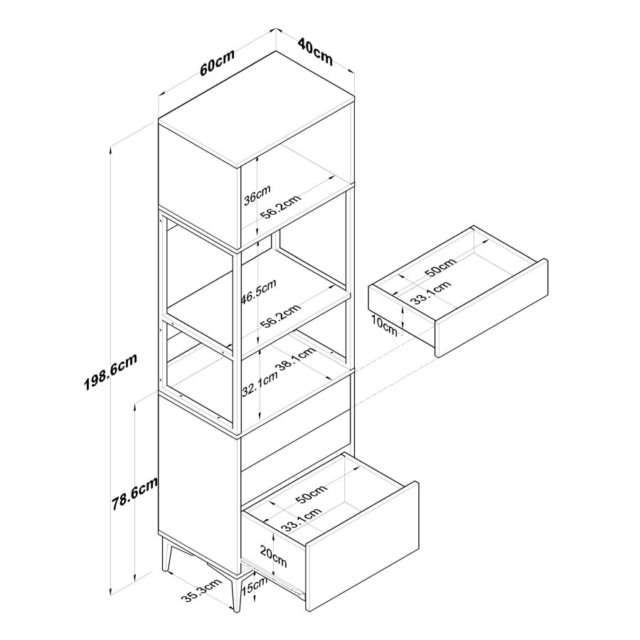 FUNZI LIVING JE135 kkkenskab, m. 1 lge, 1 hylde, 3 skuffer, rektangulr - hvid melamin
