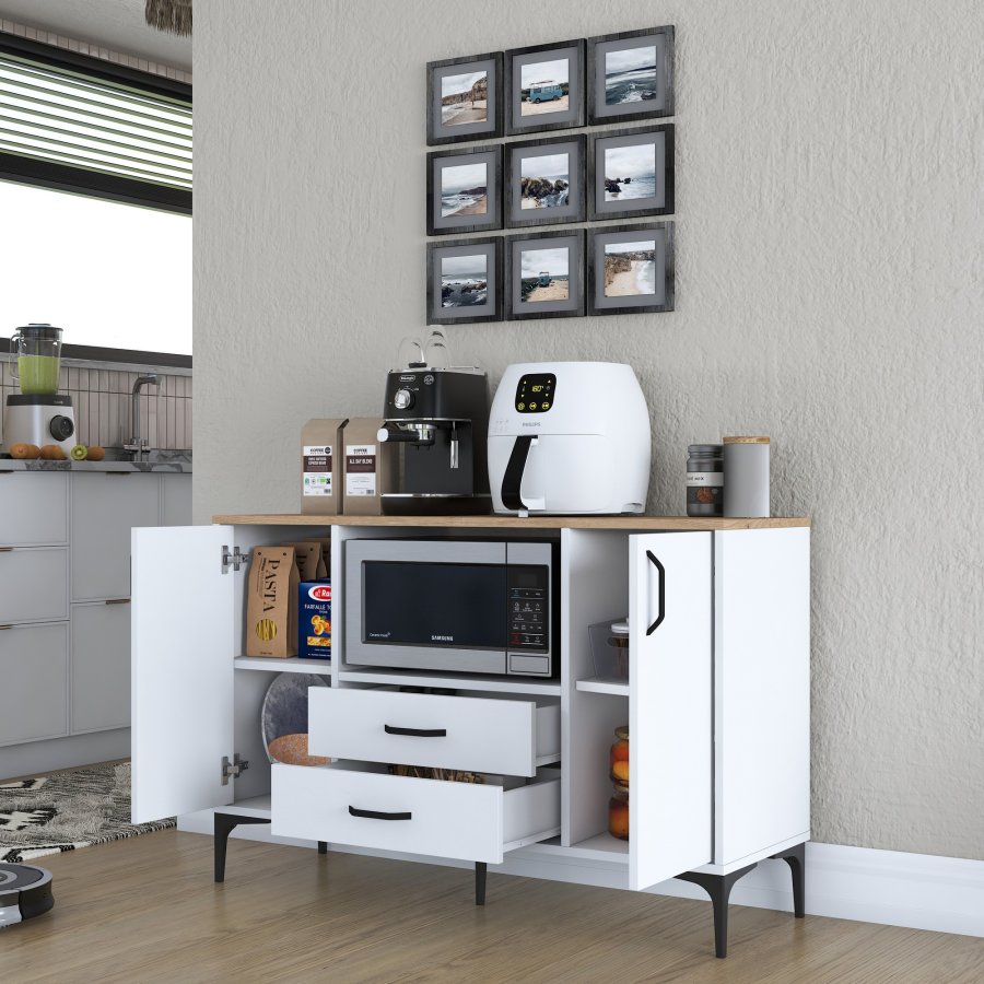 FUNZI LIVING JE174 kkkenskab, m. 2 lger, 2 hylder, 1 rum, 2 skuffer - natur og hvid melamin