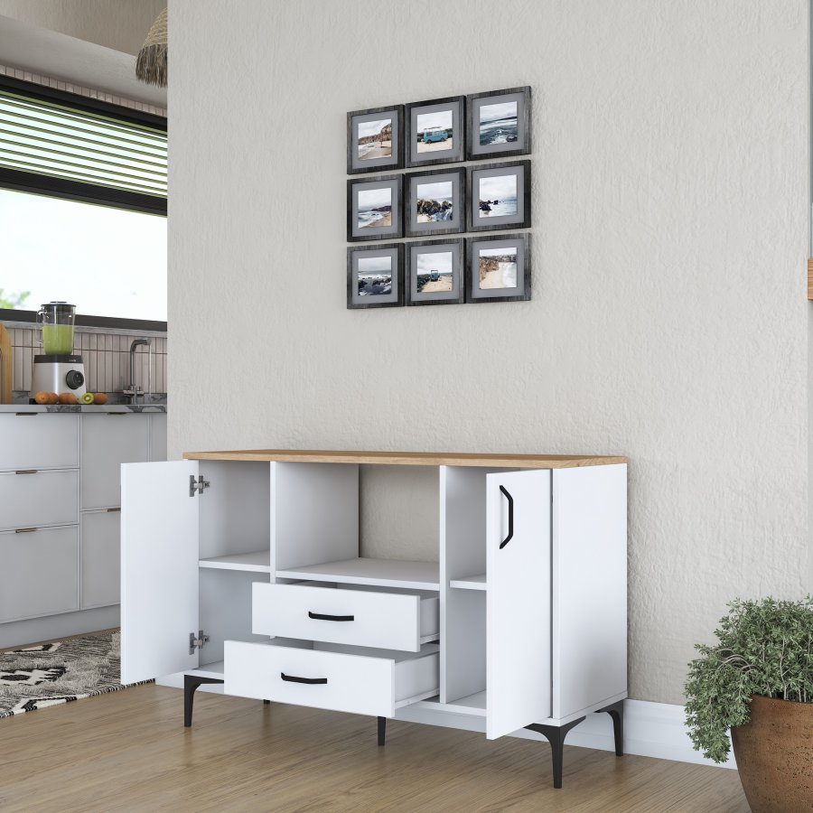 FUNZI LIVING JE174 kkkenskab, m. 2 lger, 2 hylder, 1 rum, 2 skuffer - natur og hvid melamin