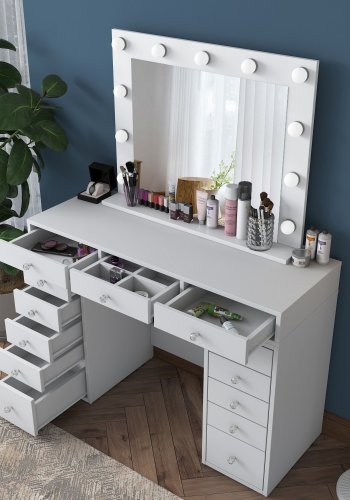 NORDVÄRK BJ119 makeup bord, m. spejl, lys, 13 skuffer - hvid melamin (120x44,5)