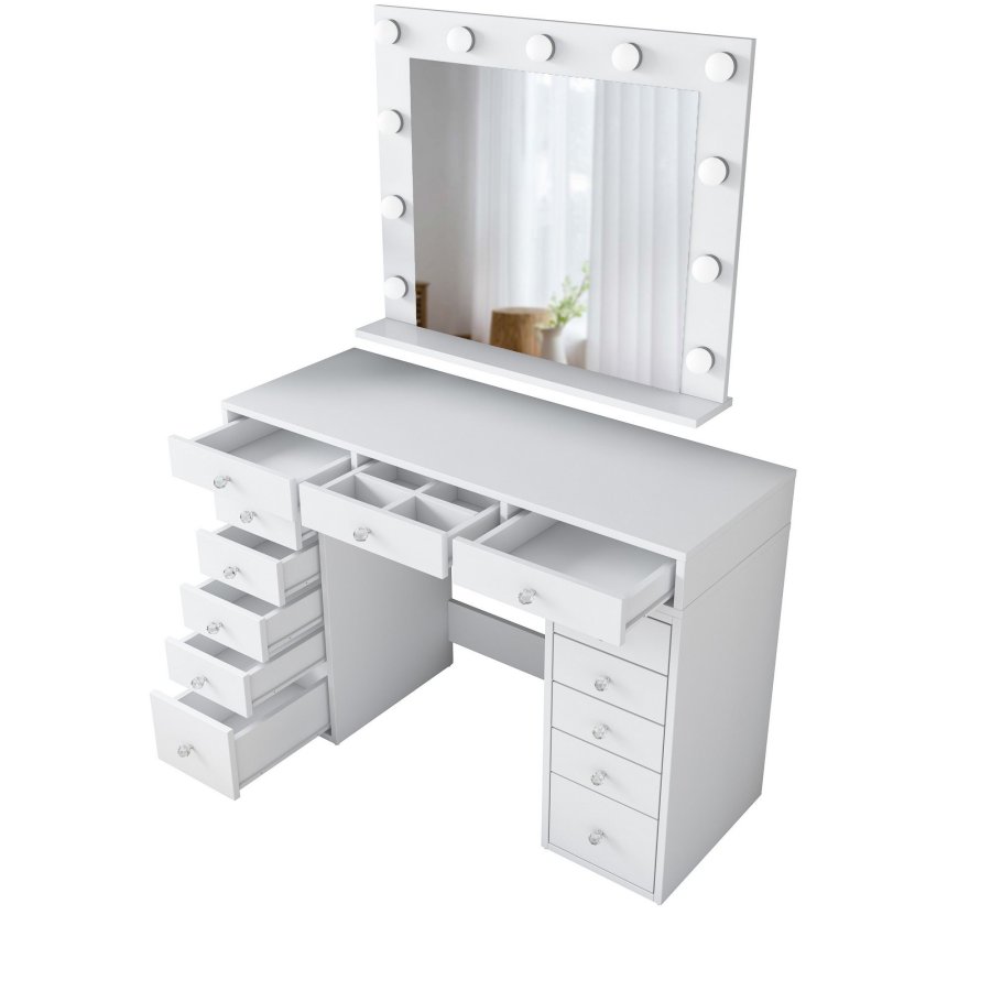 NORDVÄRK BJ119 makeup bord, m. spejl, lys, 13 skuffer - hvid melamin (120x44,5)