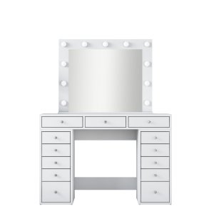 NORDVÄRK BJ119 makeup bord, m. spejl, lys, 13 skuffer - hvid melamin (120x44,5)