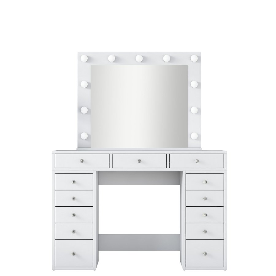 NORDVÄRK BJ119 makeup bord, m. spejl, lys, 13 skuffer - hvid melamin (120x44,5)