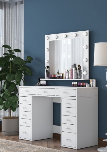 NORDVÄRK BJ119 makeup bord, m. spejl, lys, 13 skuffer - hvid melamin (120x44,5)