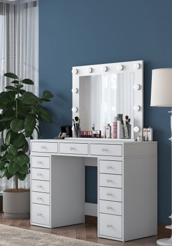 NORDVÄRK BJ119 makeup bord, m. spejl, lys, 13 skuffer - hvid melamin (120x44,5)