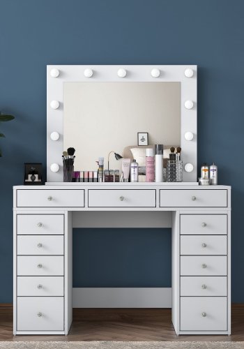 NORDVÄRK BJ119 makeup bord, m. spejl, lys, 13 skuffer - hvid melamin (120x44,5)