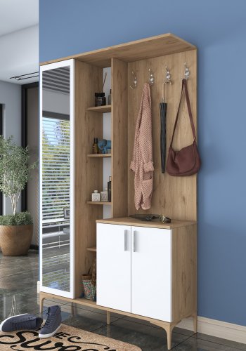 FUNZI LIVING EA109 entrést, m. knager, spejl, 3 lger og 11 hylder - hvid og brun melamin