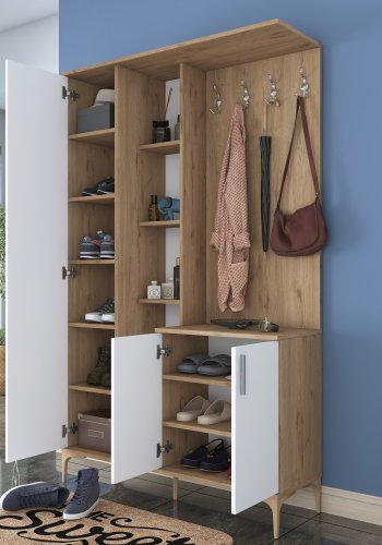 FUNZI LIVING EA109 entrést, m. knager, spejl, 3 lger og 11 hylder - hvid og brun melamin