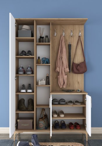 FUNZI LIVING EA109 entrést, m. knager, spejl, 3 lger og 11 hylder - hvid og brun melamin