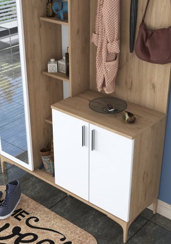 FUNZI LIVING EA109 entrést, m. knager, spejl, 3 lger og 11 hylder - hvid og brun melamin