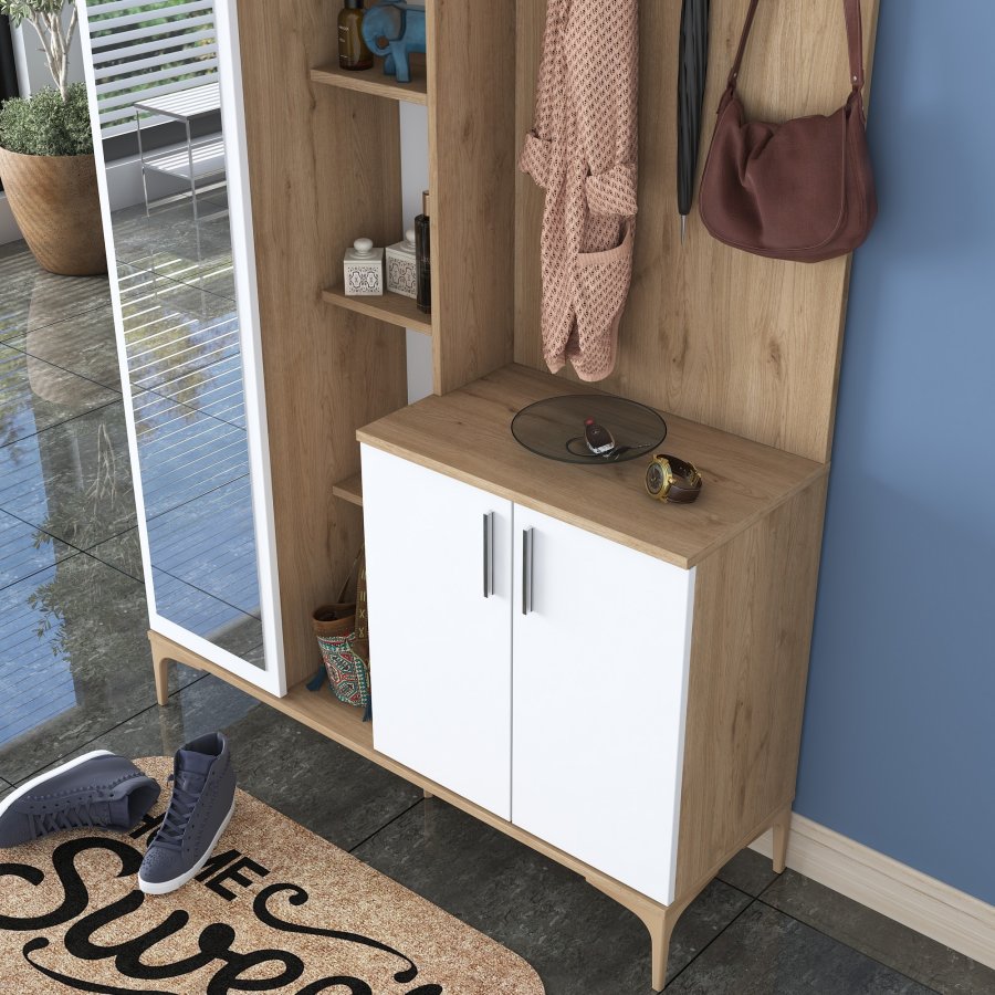 FUNZI LIVING EA109 entrést, m. knager, spejl, 3 lger og 11 hylder - hvid og brun melamin