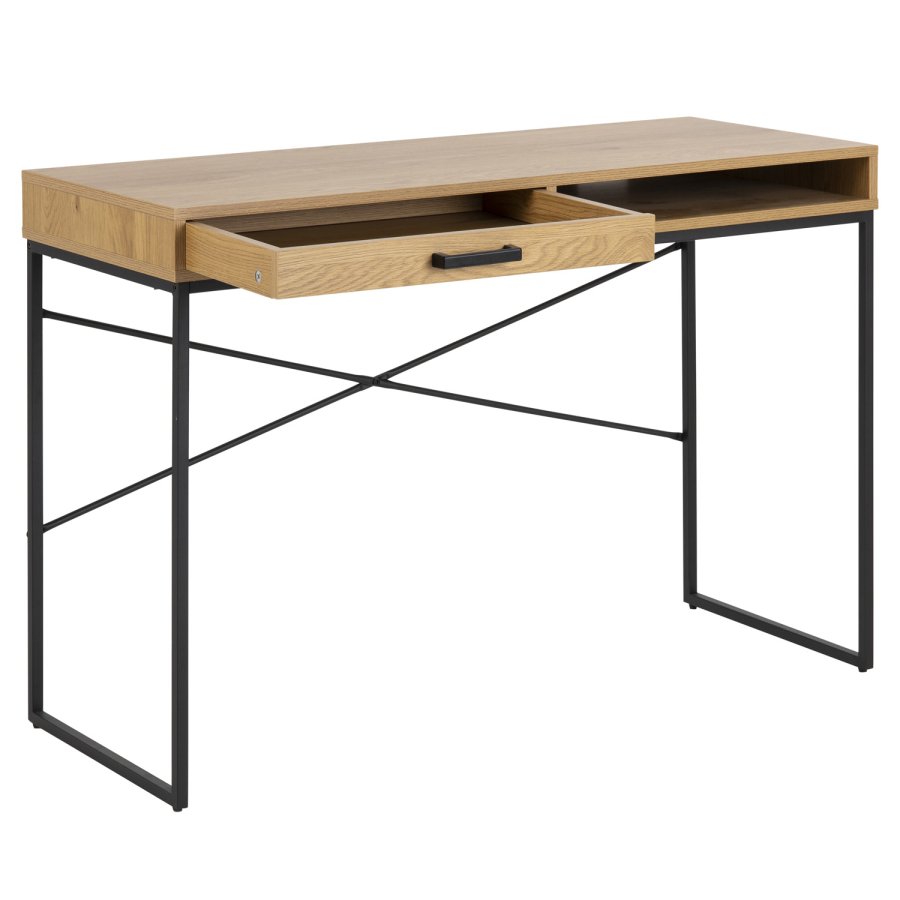 ACT NORDIC Seaford skrivebord, m. 1 hylde og 1 skuffe - papir vild eg sort metal (110x45)